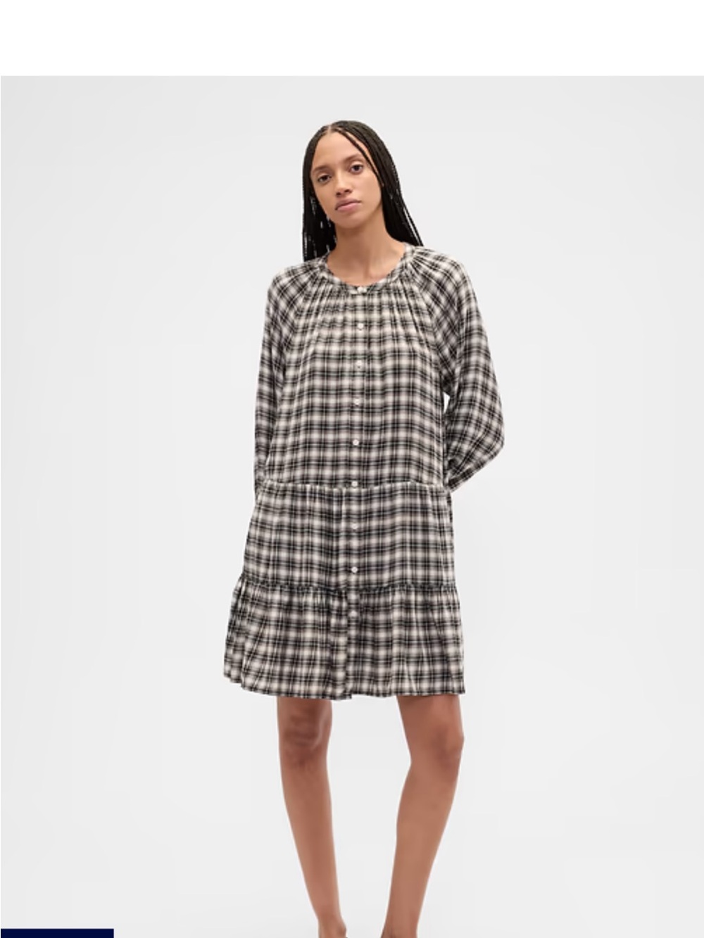 GAP Black & White Plaid Tiered Long-Sleeve Dress